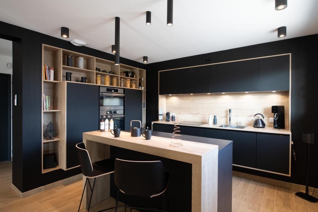 modern kitchen with black walls and wooden floors, in the style of contemporary faux naïf, leica cl, precise craftsmanship, urban-inspired, cabincore, swiss style