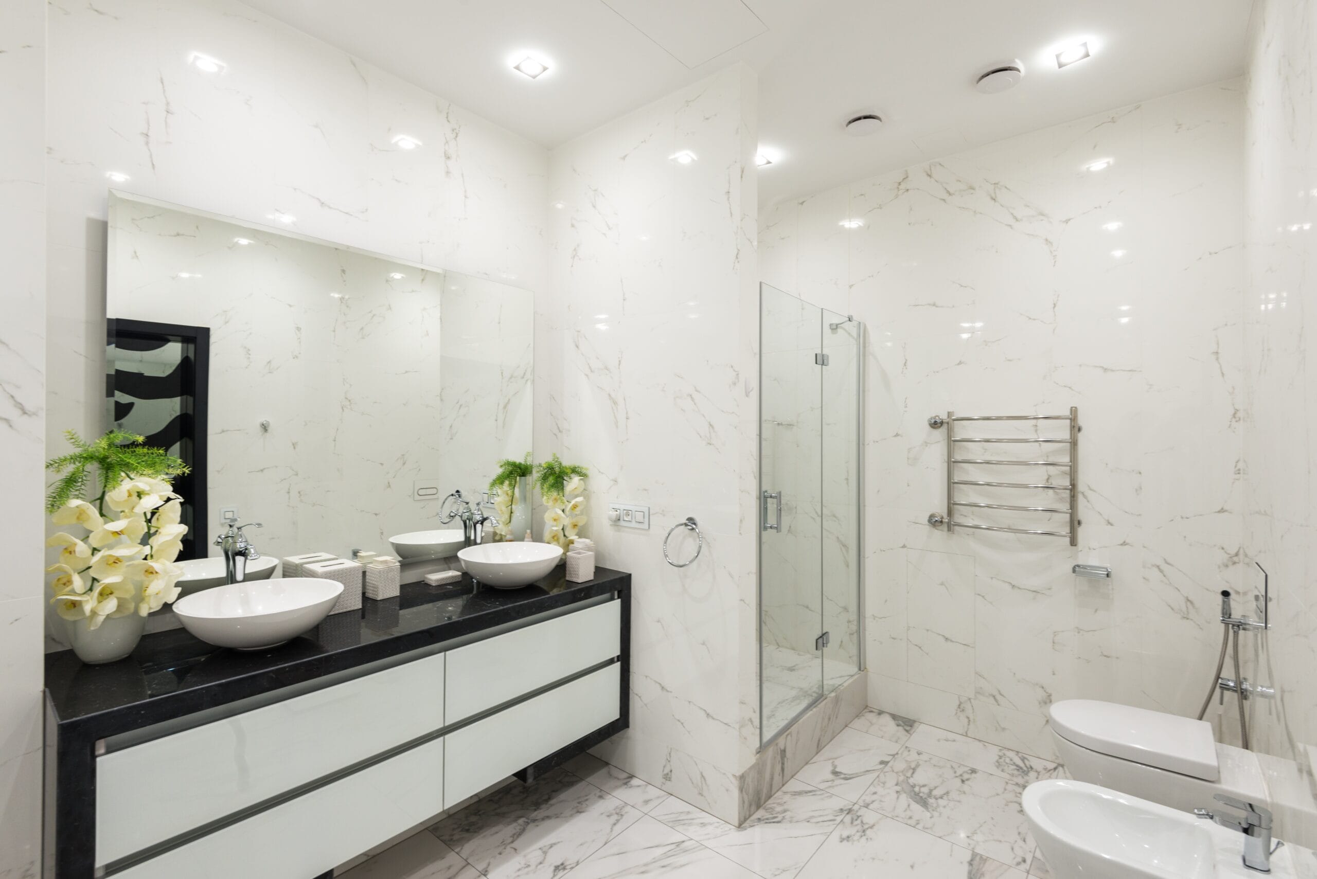 elegant bathroom with marble floors and sinks, in the style of ominous vibe, naturalistic light