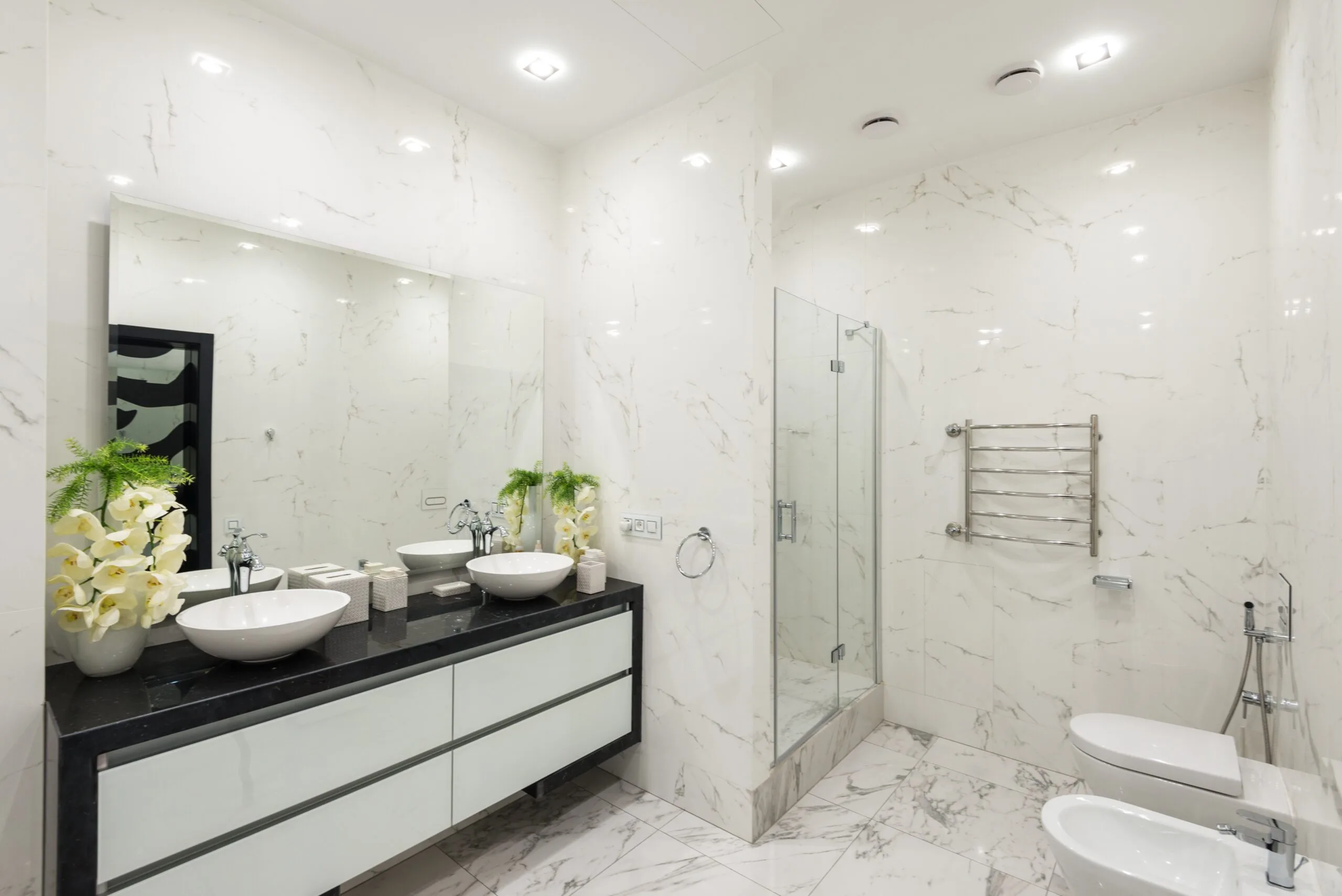 elegant bathroom with marble floors and sinks, in the style of ominous vibe, naturalistic light