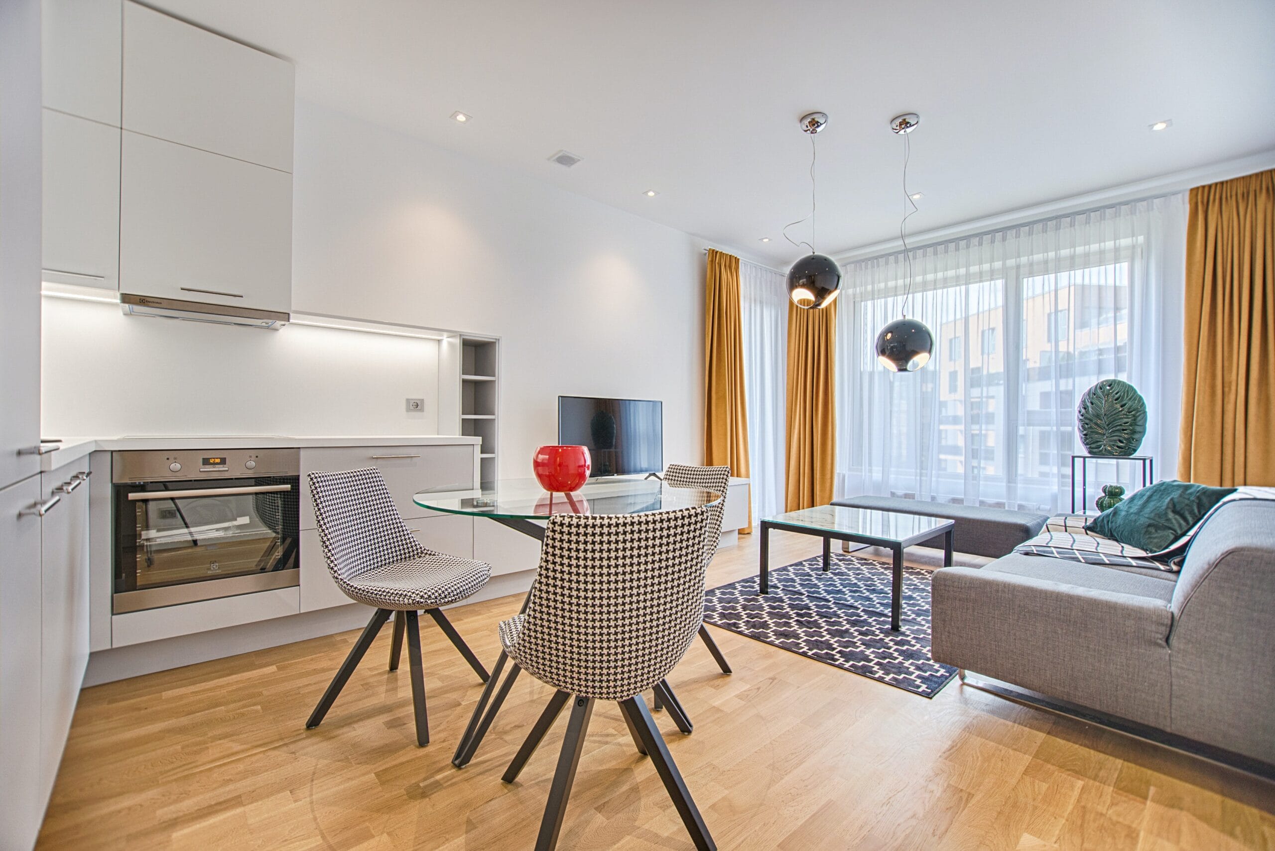 a beautiful city apartment in hyde park, new hampton flats for sale, in the style of crisp and clean look, yellow and silver, focus on materials,